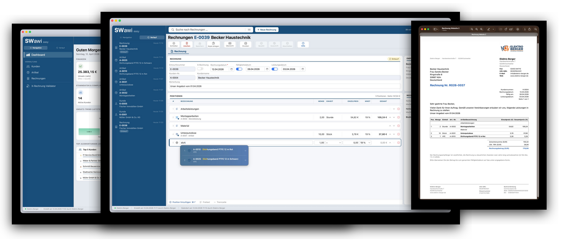SWawi easy – Dashboard, Rechnungserfassung und fertiges PDF