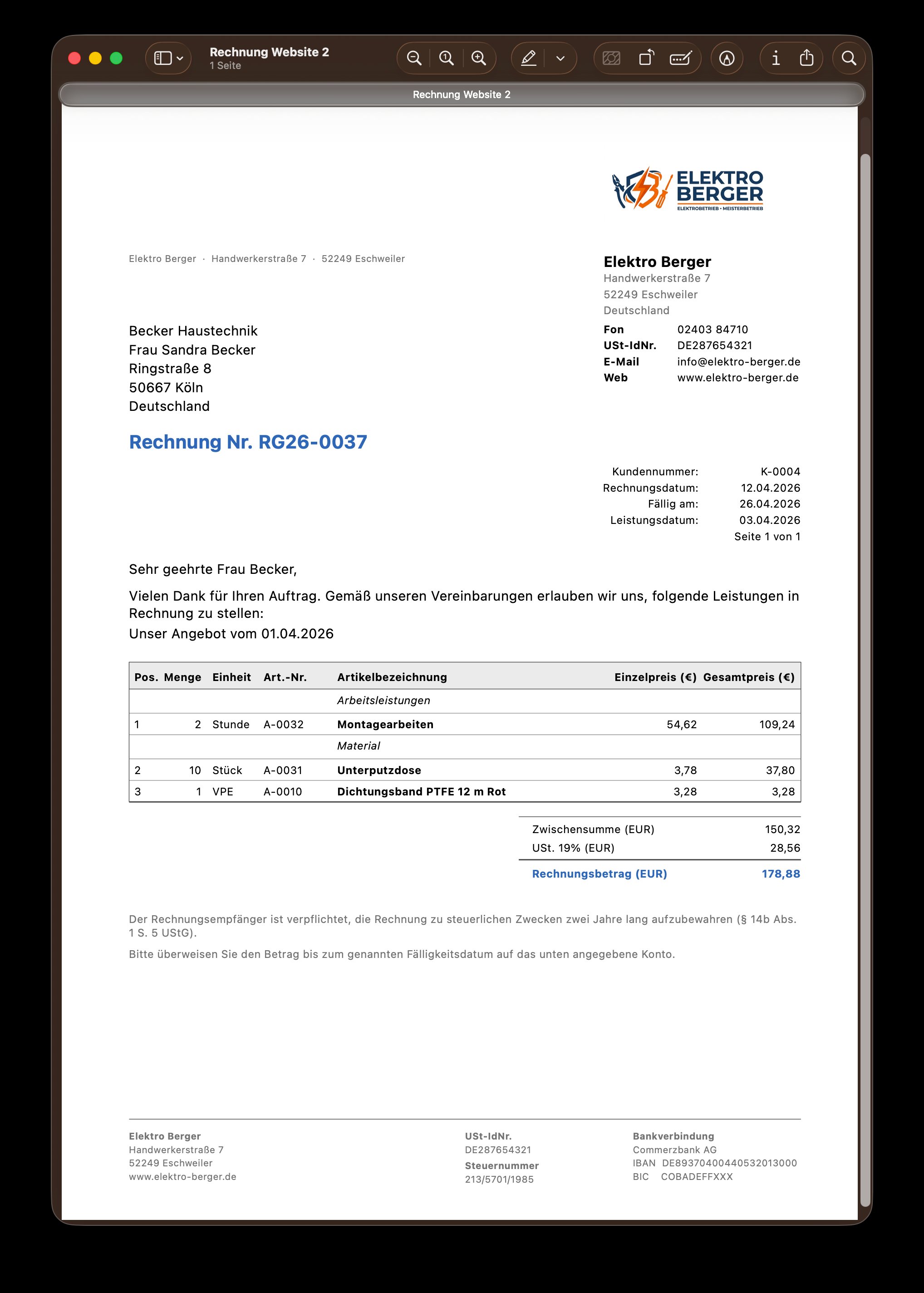 SWawi easy – Fertige Rechnung als PDF mit Logo
