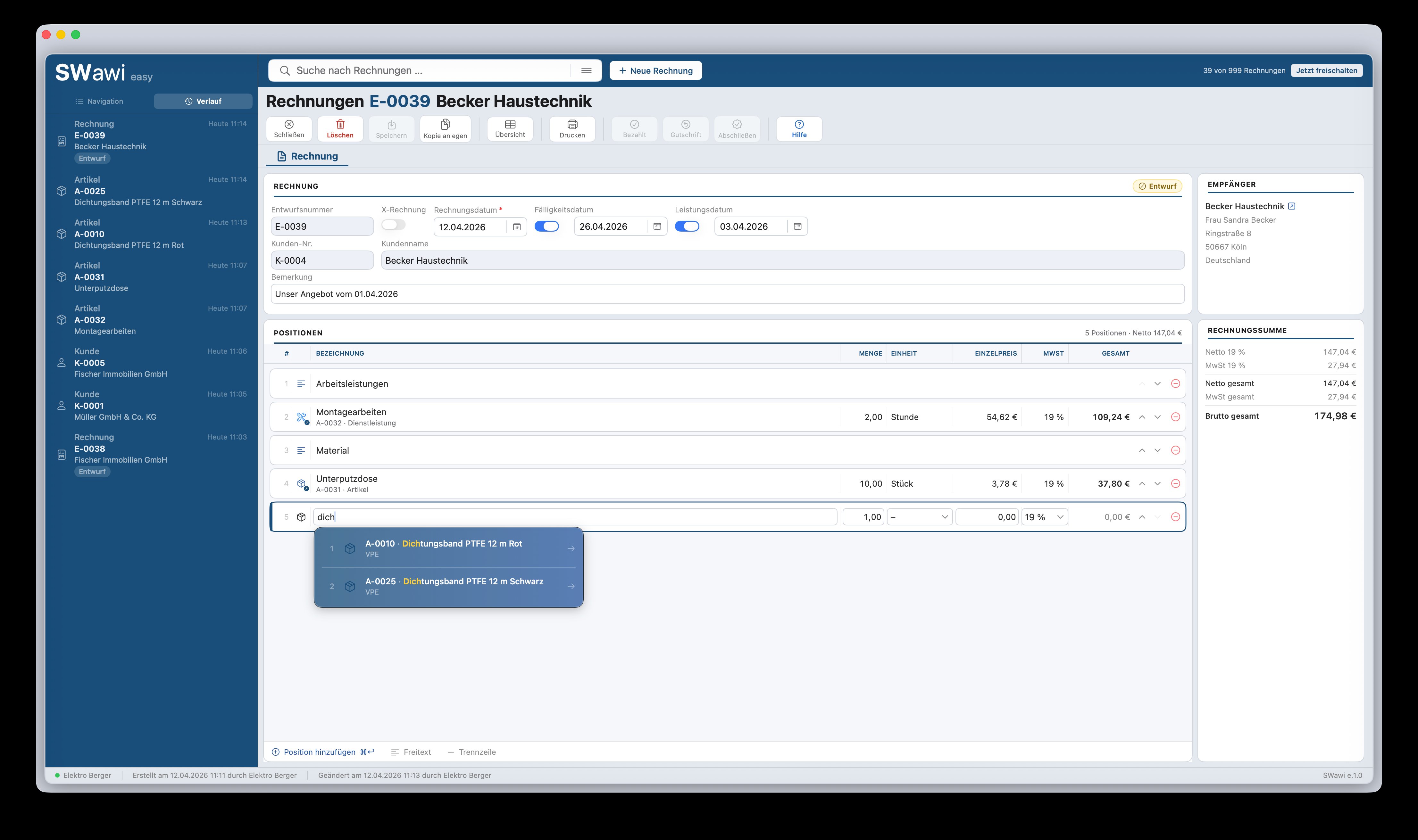 SWawi easy – Rechnung erstellen mit Artikelsuche und Verlauf